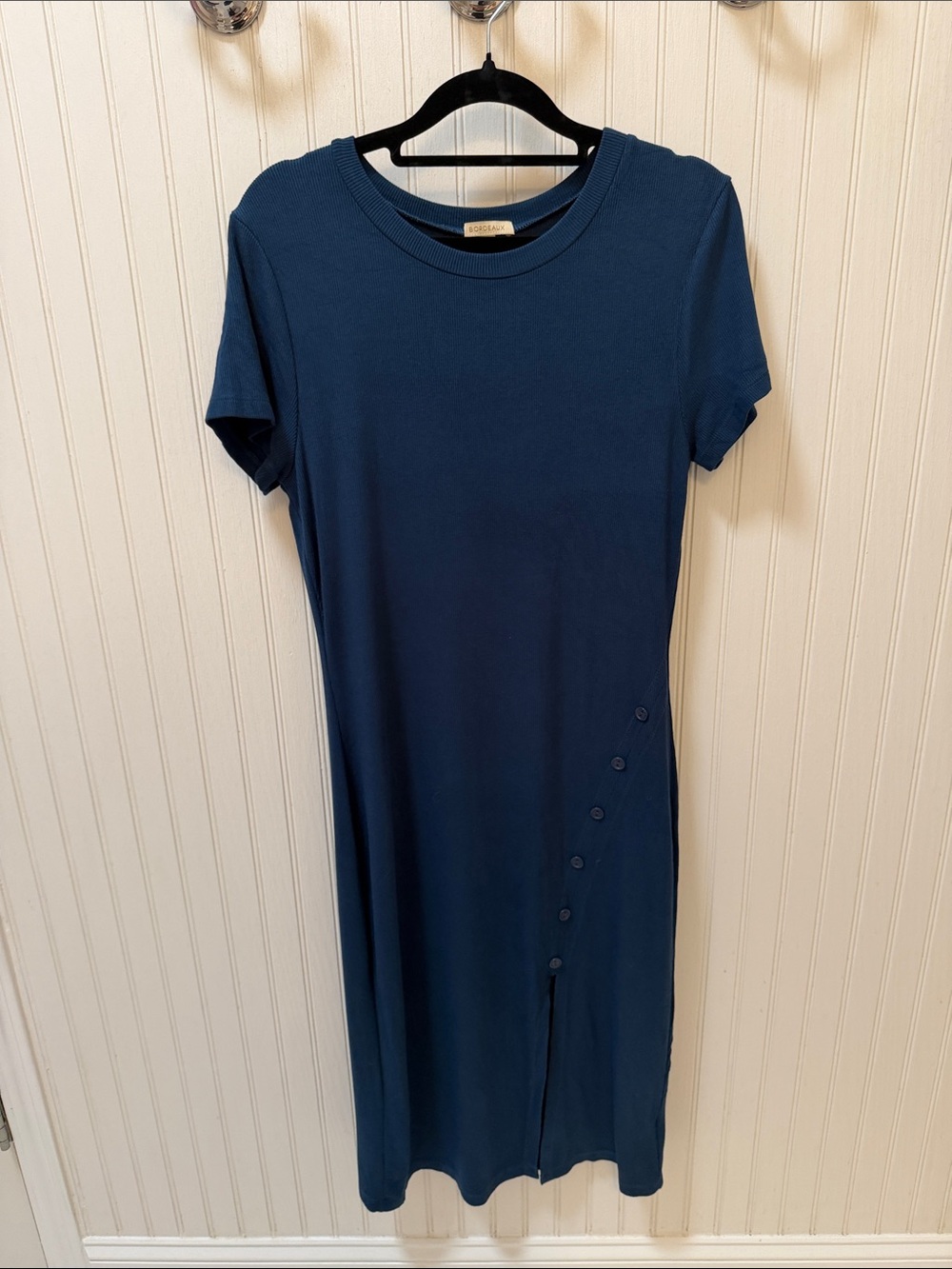 Classic Navy Short-Sleeve Midi Dress with side buttons